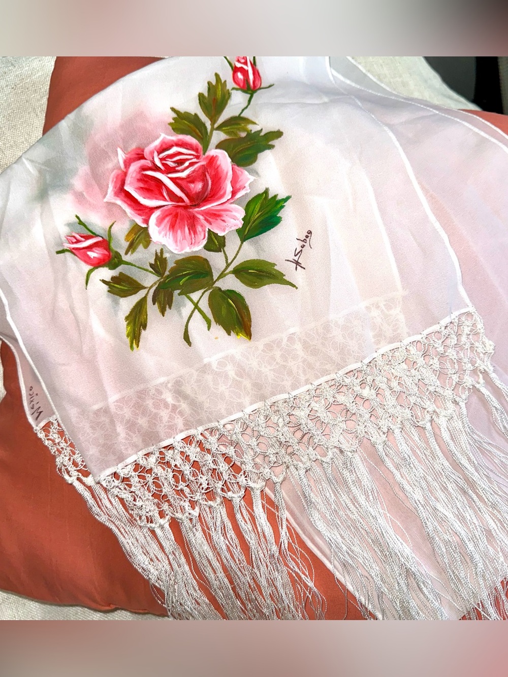 Vintage Mexican Hand Painted Rose Chiffon Shawl Scarf with Fringe